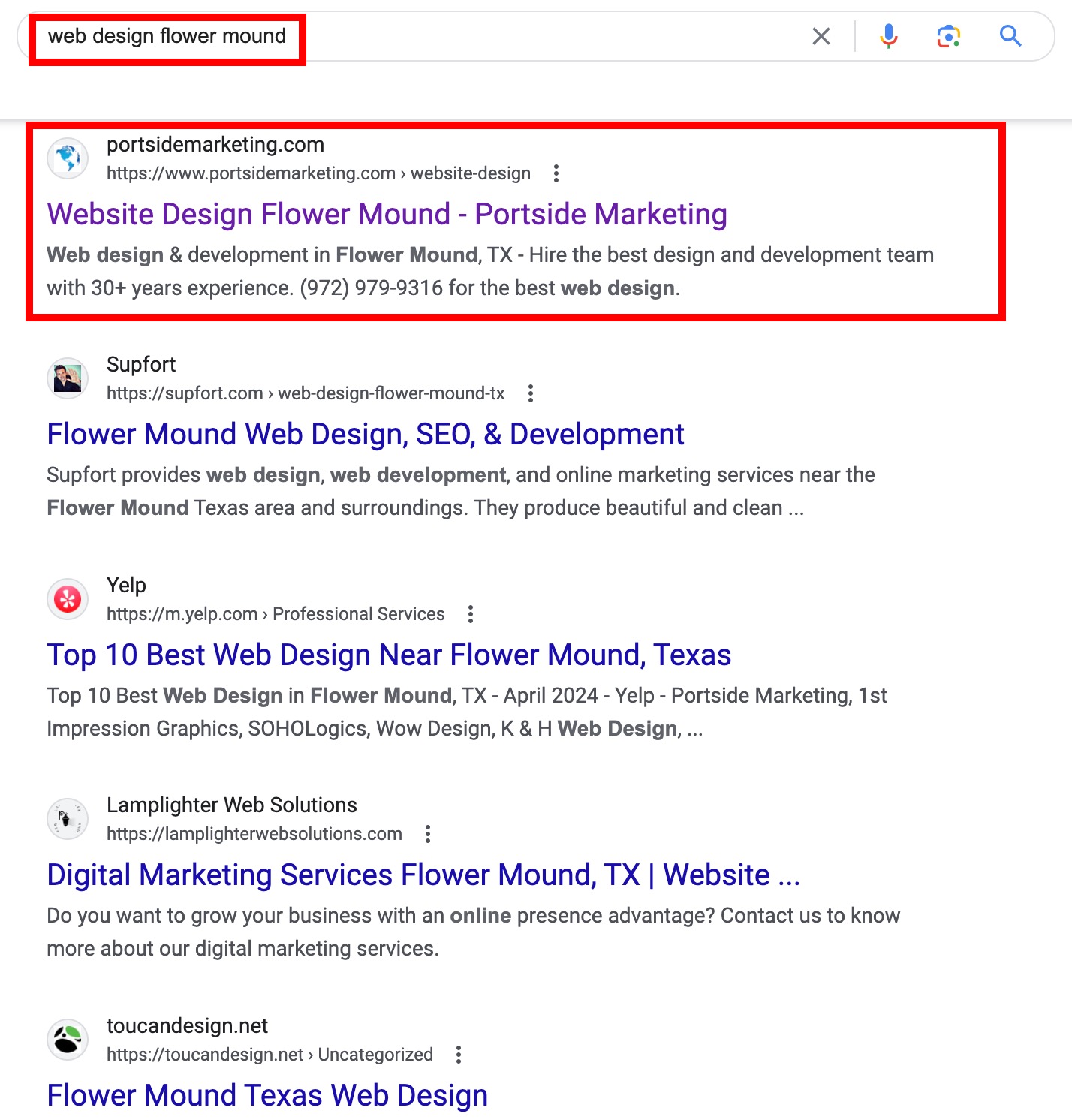 Google organic seo search results with Portside Marketing